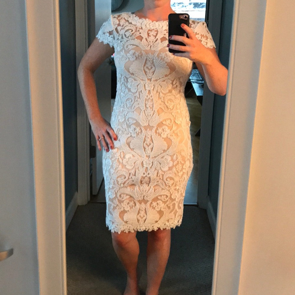 White tadashi shoji corded petal embroidery dress